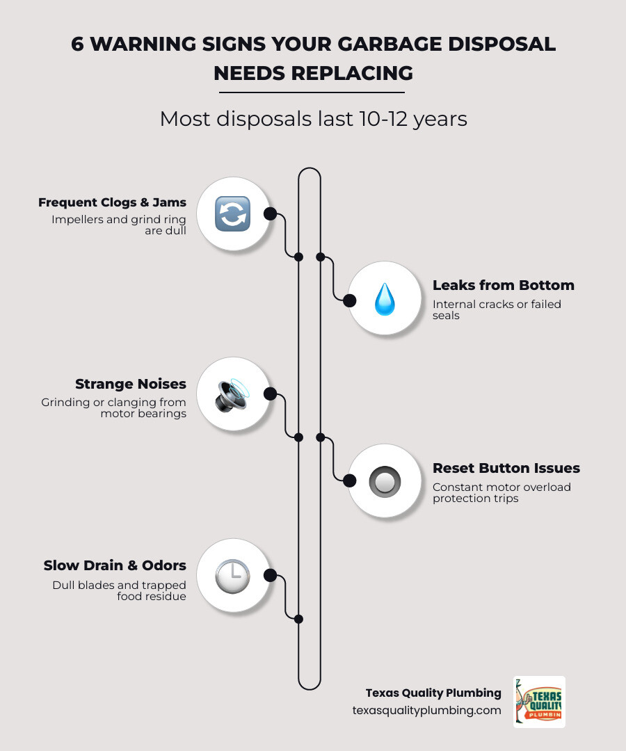 Infographic showing garbage disposal lifespan of 10-12 years and the top 6 signs it needs replacing infographic Infographic showing garbage disposal lifespan of 10-12 years and the top 6 signs it needs replacing infographic