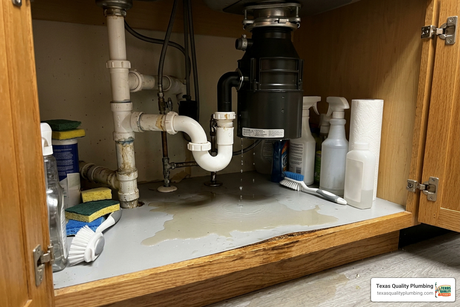 leaking garbage disposal under a kitchen sink with water pooling on the cabinet floor leaking garbage disposal under a kitchen sink with water pooling on the cabinet floor
