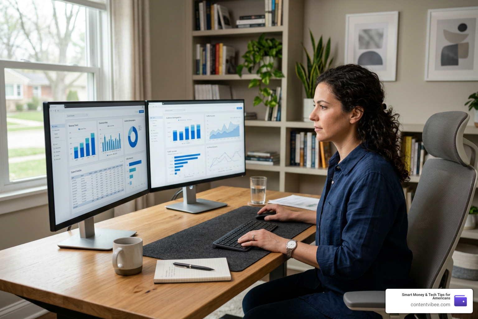 Professional analyzing marketing data on dual screens