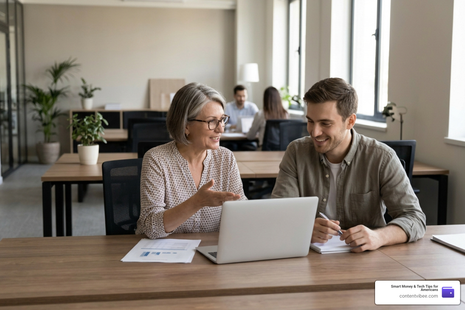 A mature worker mentoring a younger colleague