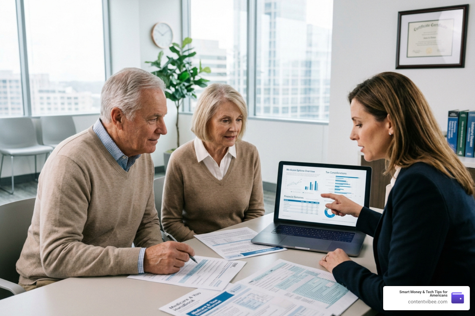 Senior consulting with a professional financial advisor about Medicare and taxes