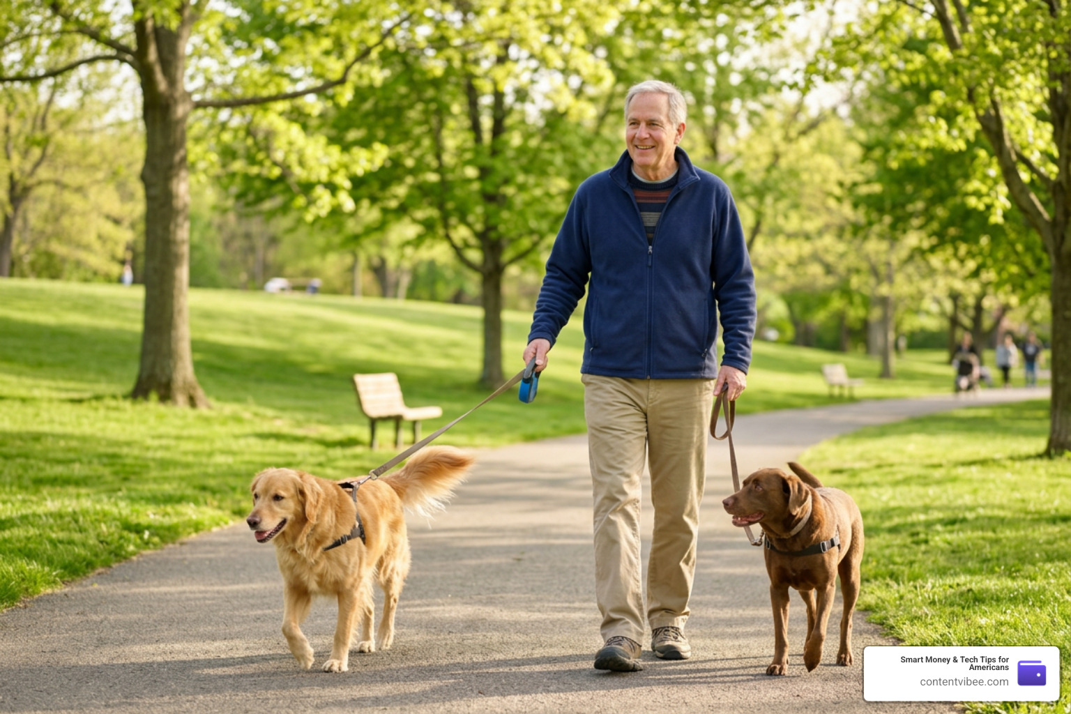 senior walking dogs in a park