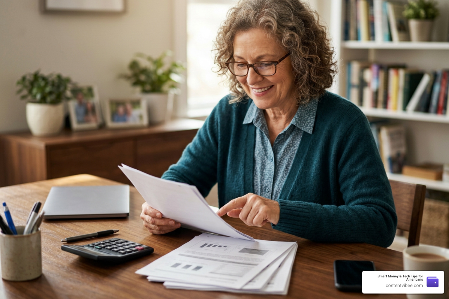 Older adult smiling while reviewing financial documents