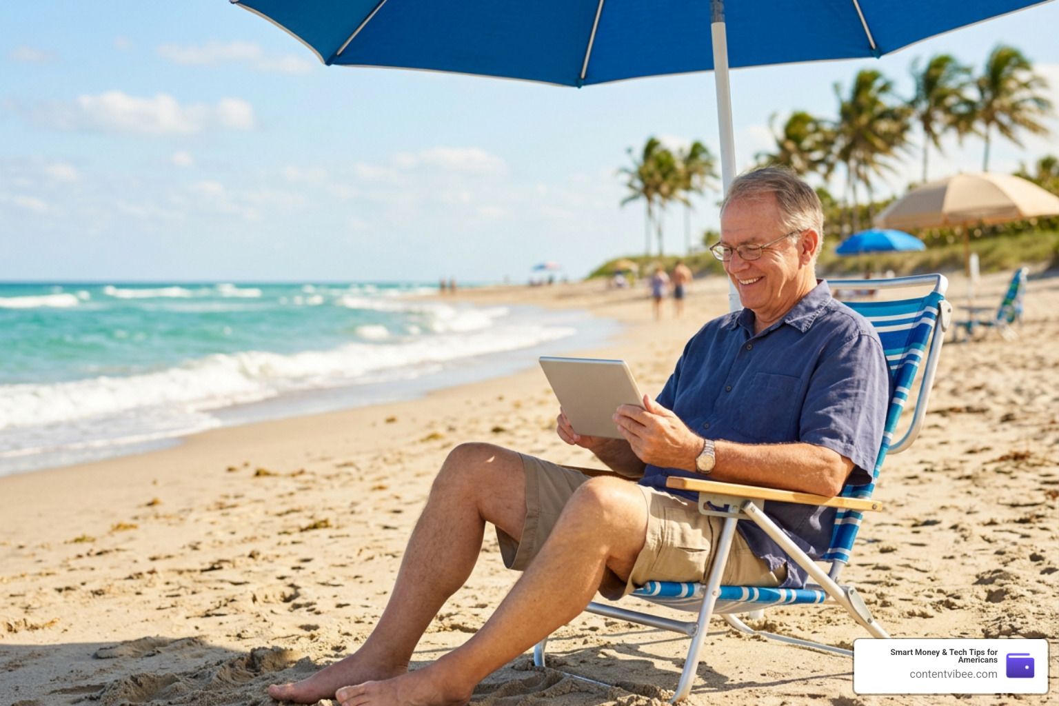 senior enjoying beach vacation while checking tablet