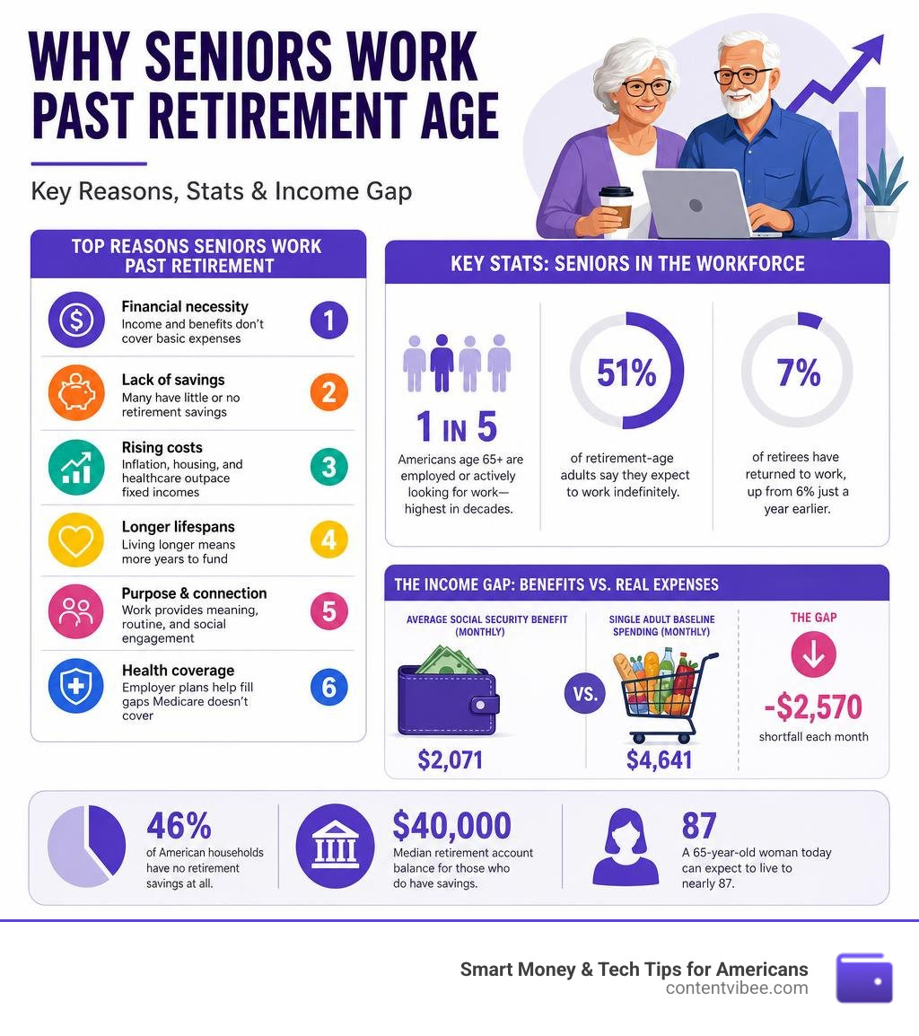 Infographic showing top reasons seniors work past retirement age, key stats, and income gap data infographic