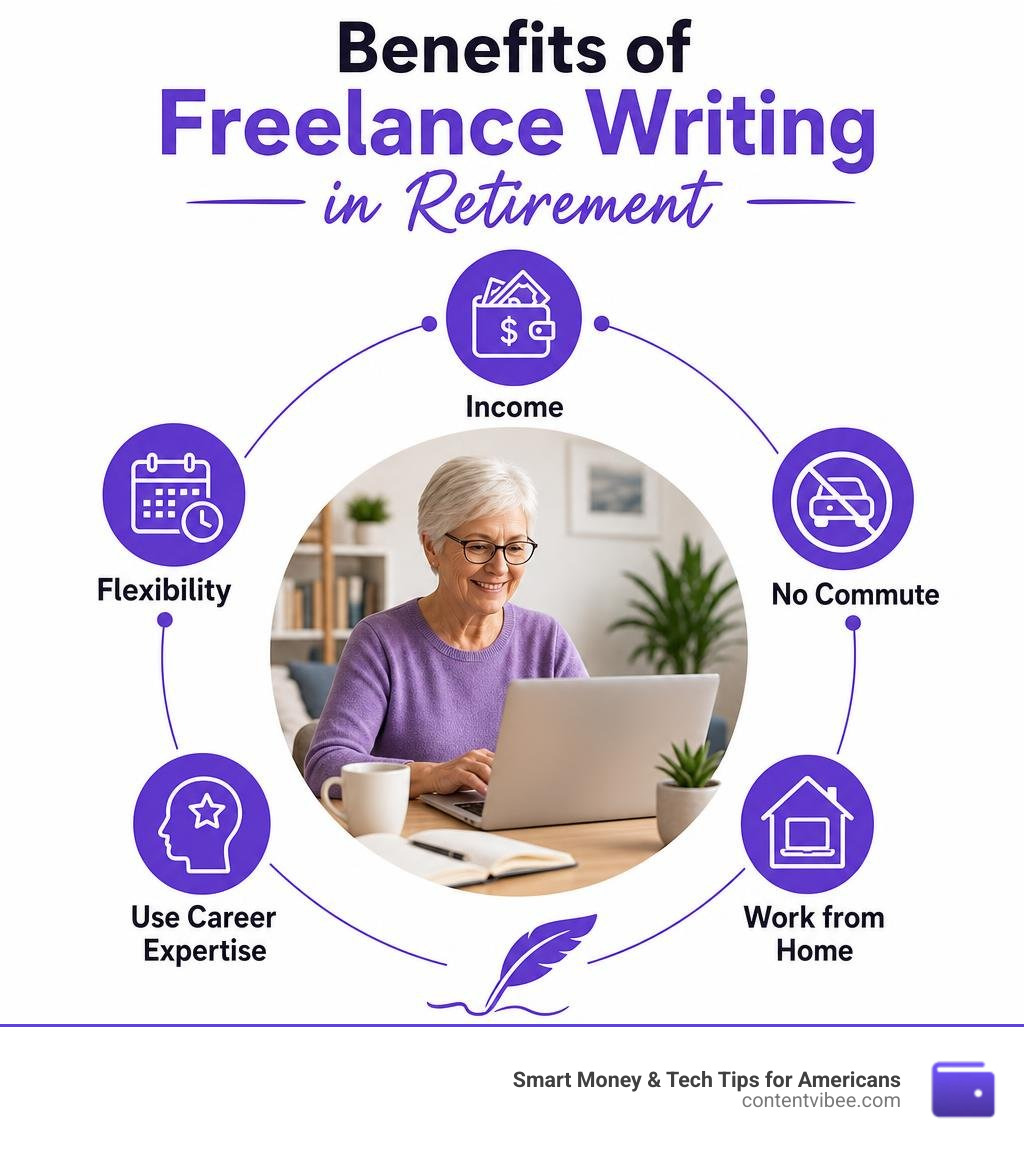 Benefits of freelance writing in retirement: income, flexibility, no commute, use career expertise, work from home