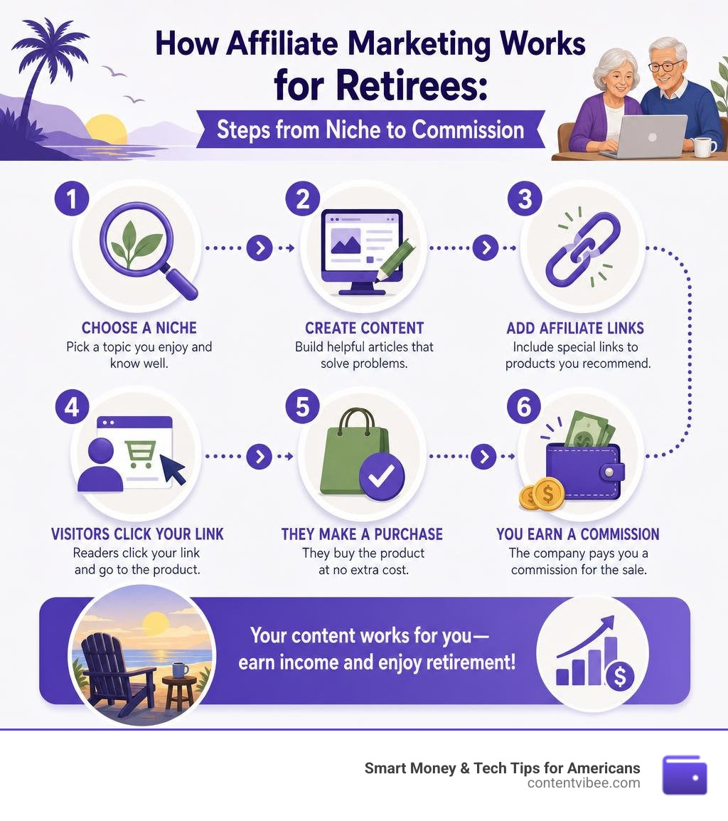 How affiliate marketing works for retirees: steps from niche to commission infographic