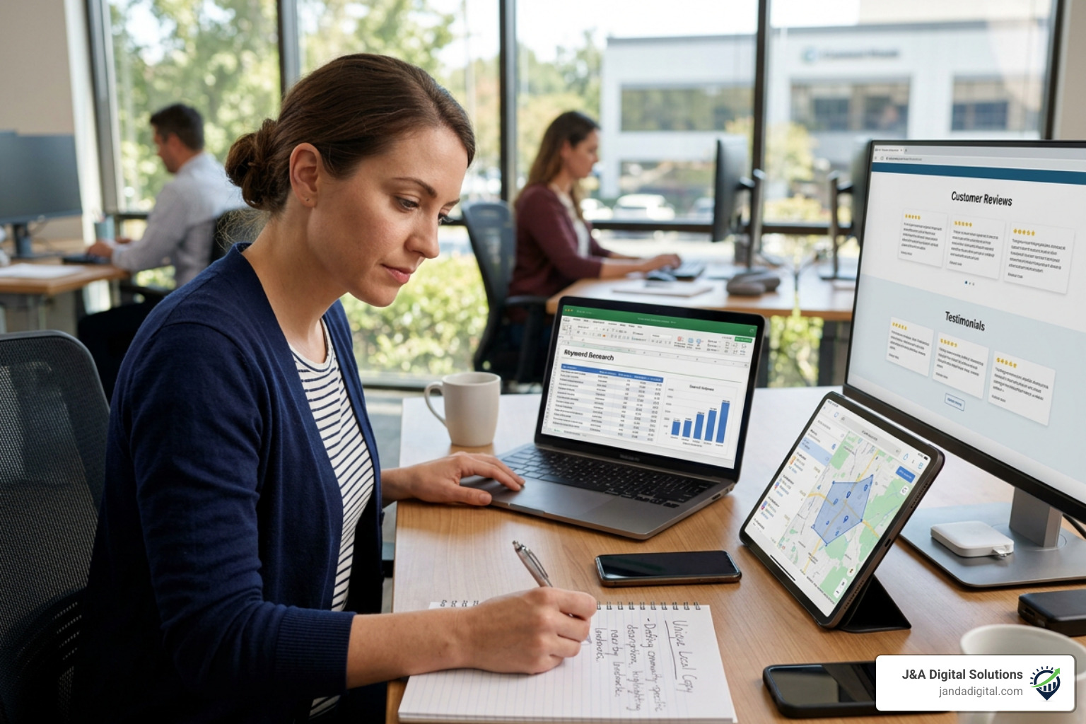 localized content creation workflow: keyword research, writing unique local copy, embedding maps, and adding local reviews