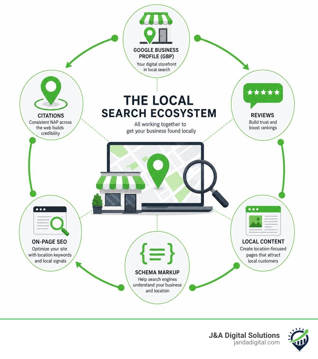 infographic showing local search ecosystem: GBP, citations, reviews, on-page SEO, schema, and local content infographic