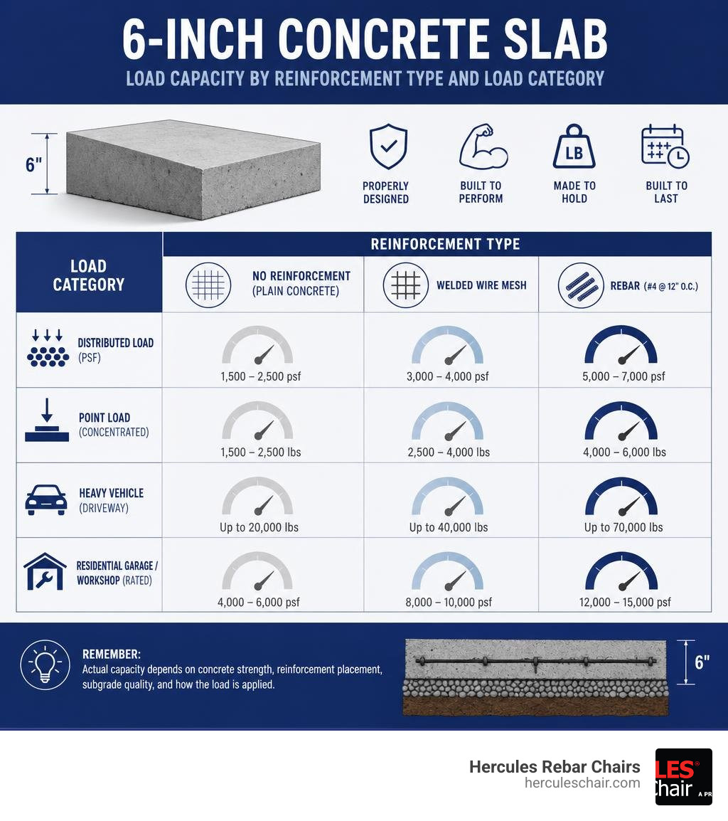 Infographic showing 6-inch concrete slab load capacity by reinforcement type and load category infographic