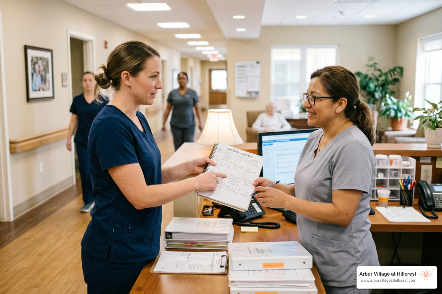 Caregivers changing shifts and handing over patient notes