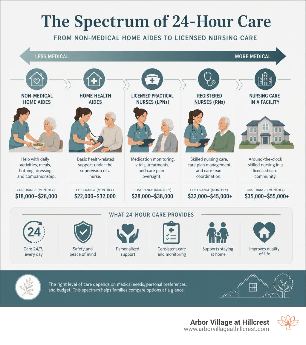 Infographic showing the spectrum of 24-hour care from non-medical home aides to licensed nursing care with cost ranges