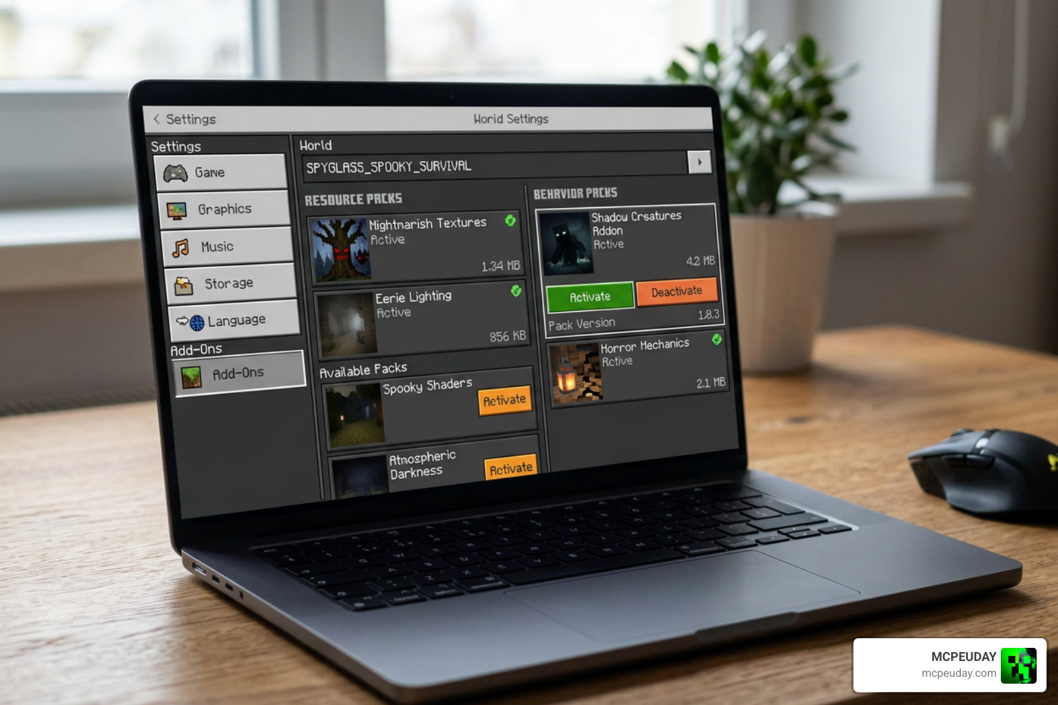 Minecraft world settings screen showing resource and behavior pack activation