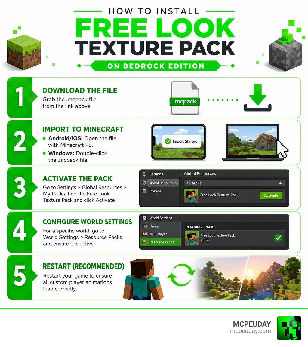 Step-by-step installation guide for Free Look Texture Pack on Bedrock Edition infographic