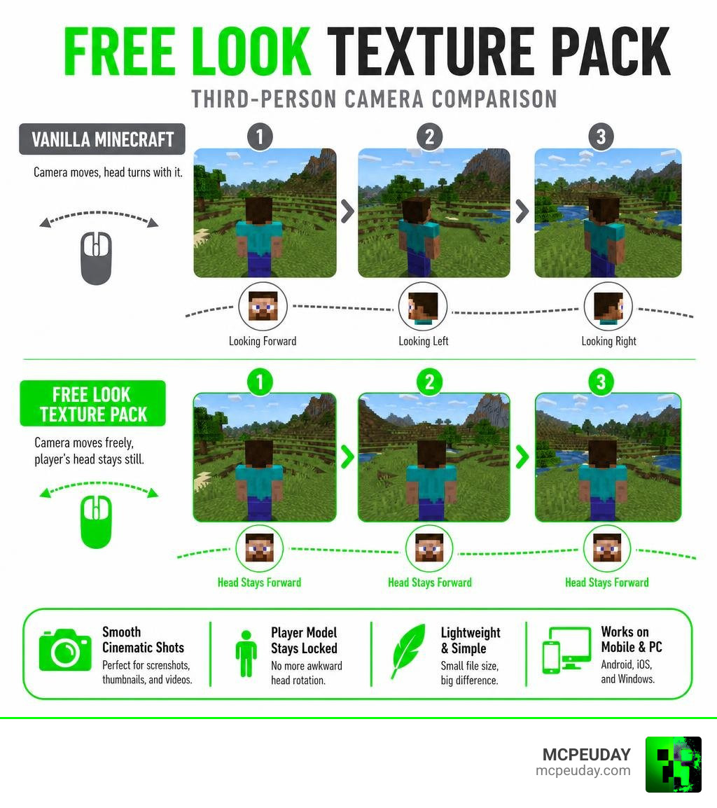 Infographic showing how Free Look Texture Pack changes third-person camera vs vanilla Minecraft infographic