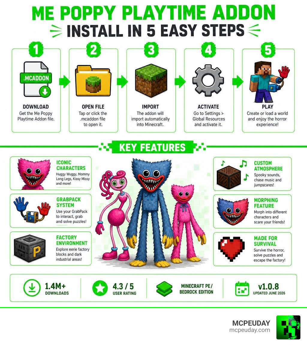Me Poppy Playtime Addon installation steps and key features infographic infographic