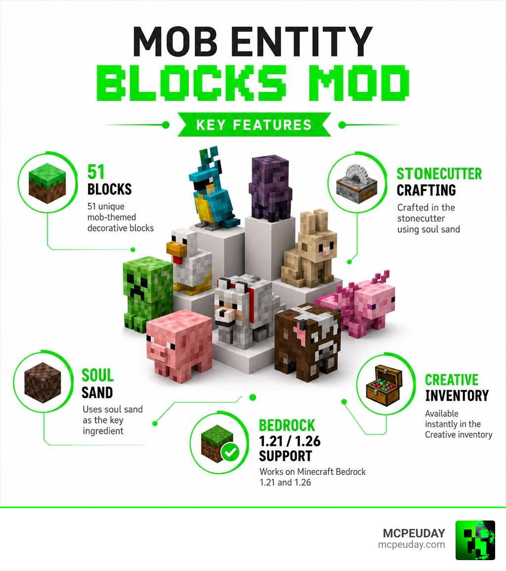 Infographic showing Mob Entity Blocks mod features: 51 blocks, stonecutter crafting, soul sand, Creative inventory, Bedrock