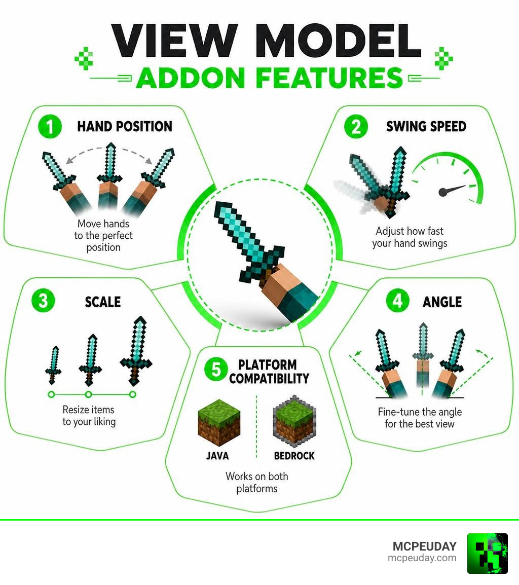 Infographic showing View Model Addon features: hand position, swing speed, scale, angle, and platform compatibility