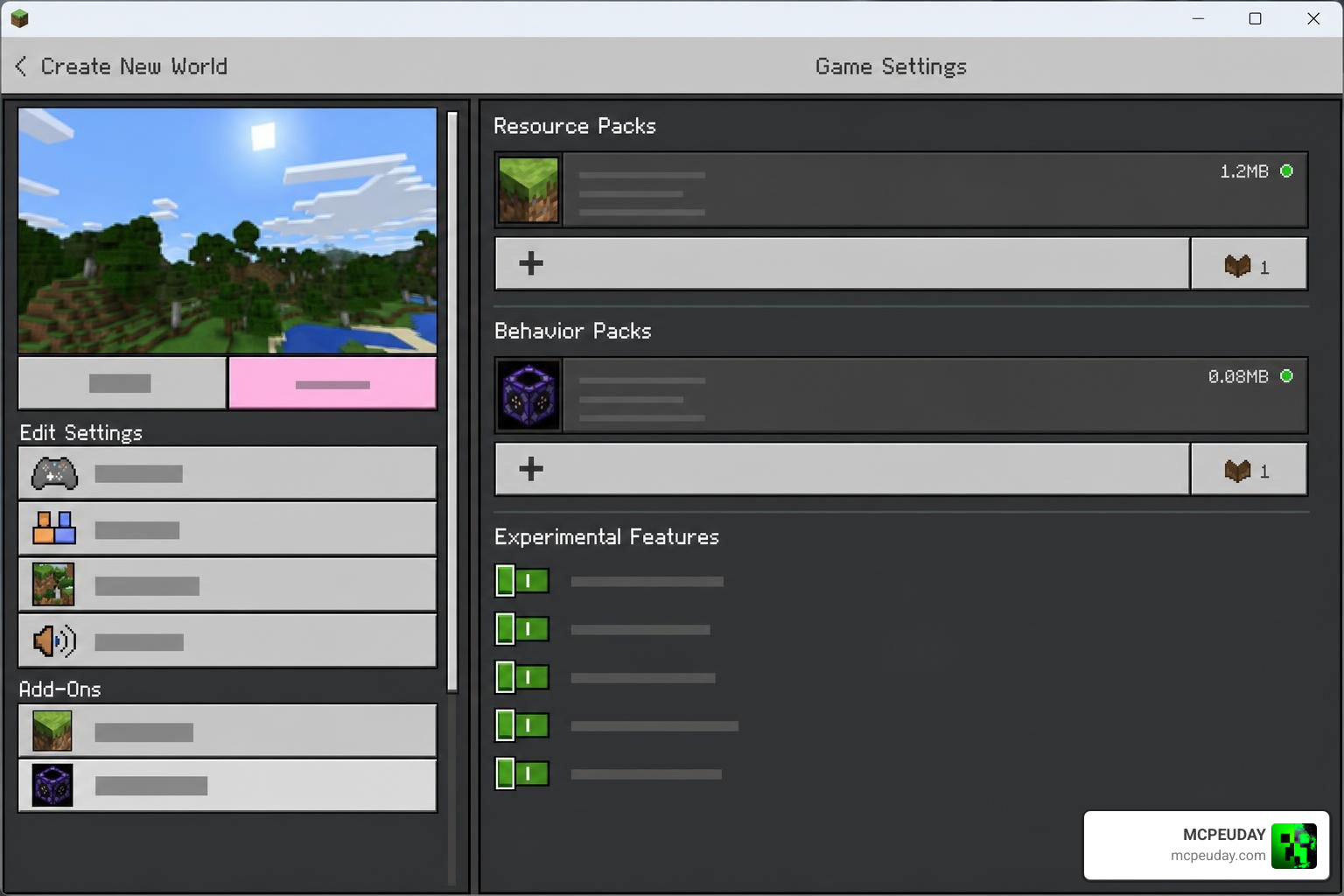 Addon installation settings in Minecraft Bedrock