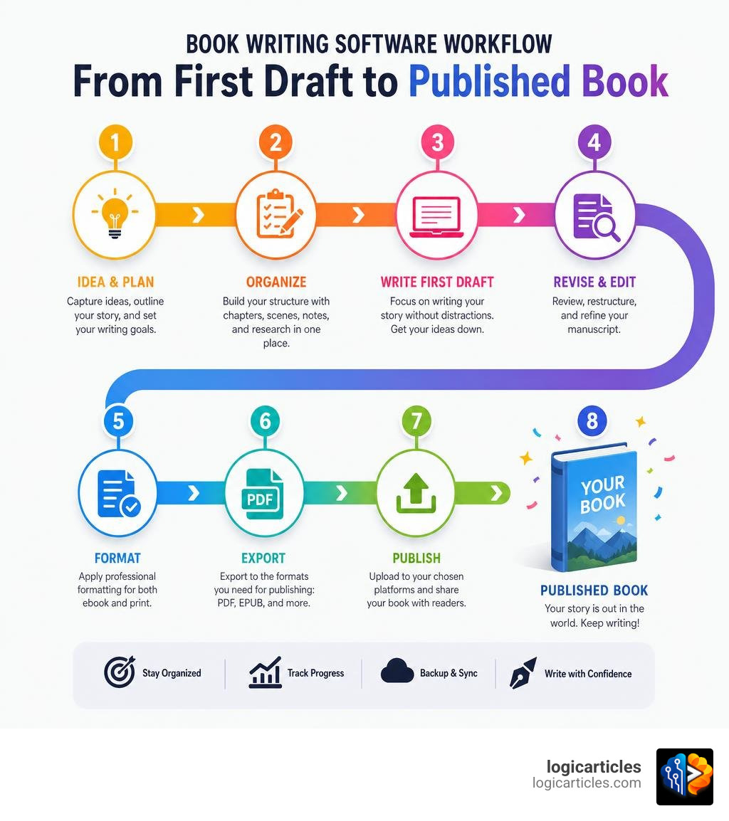 Book writing software workflow from first draft to published book infographic infographic Book writing software workflow from first draft to published book infographic infographic
