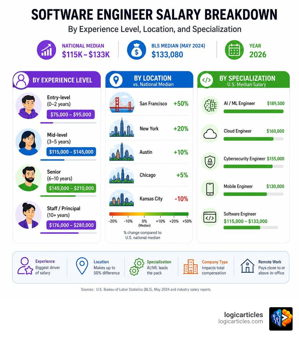 Software engineer salary breakdown by experience level, location, and specialization infographic infographic