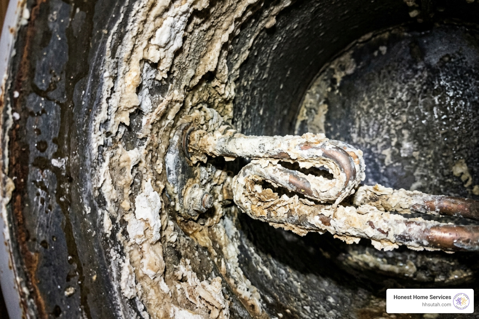 Hard water mineral buildup inside a hot water heater tank Hard water mineral buildup inside a hot water heater tank