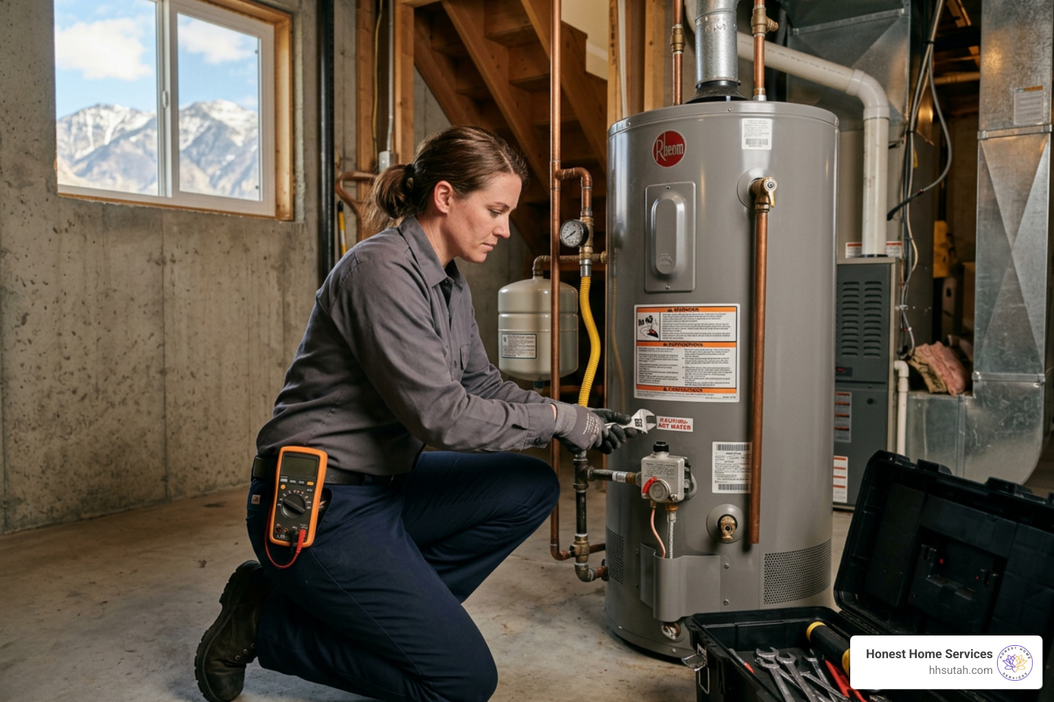 Professional plumber inspecting and repairing a water heater in Salt Lake City Professional plumber inspecting and repairing a water heater in Salt Lake City