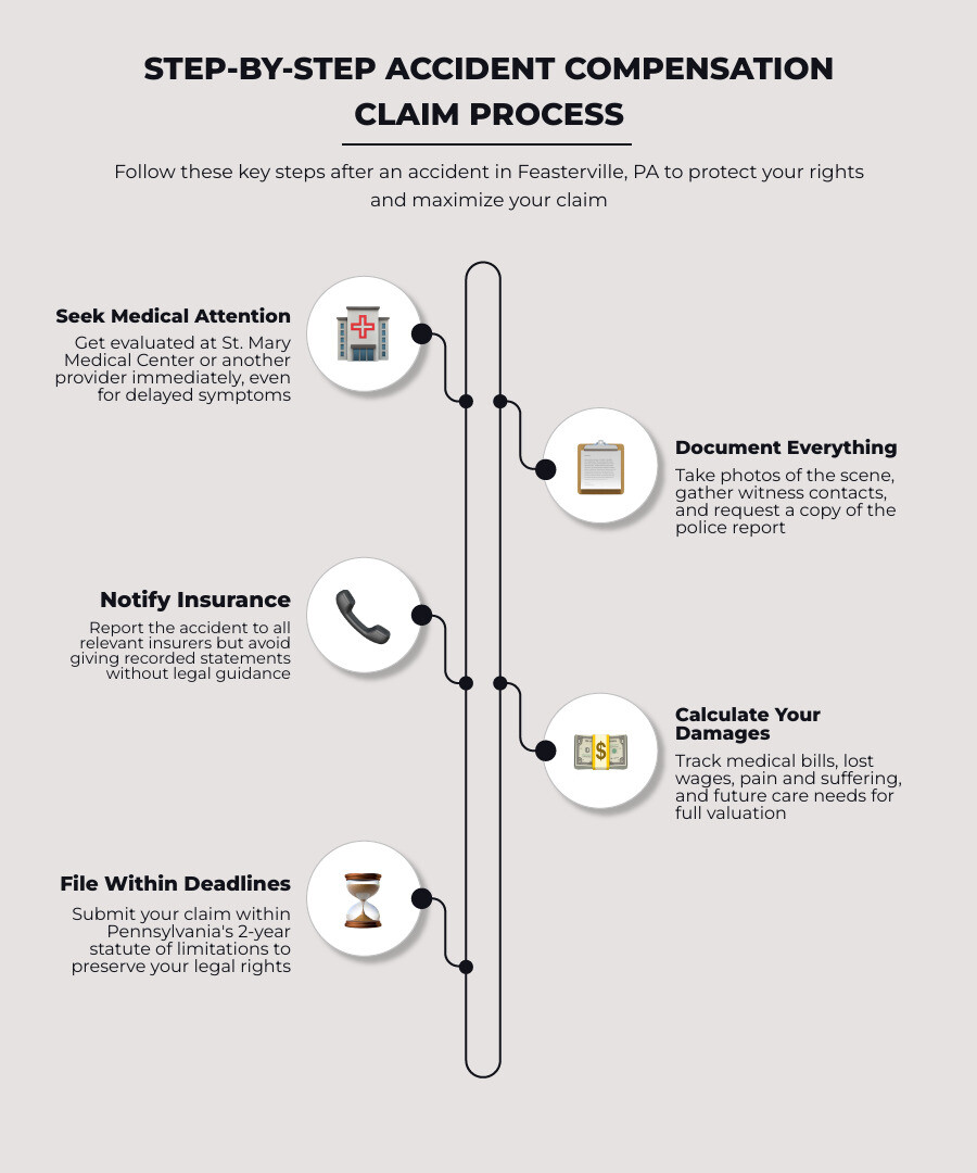 Step-by-step accident compensation claim process infographic for Pennsylvania injury victims infographic Step-by-step accident compensation claim process infographic for Pennsylvania injury victims infographic
