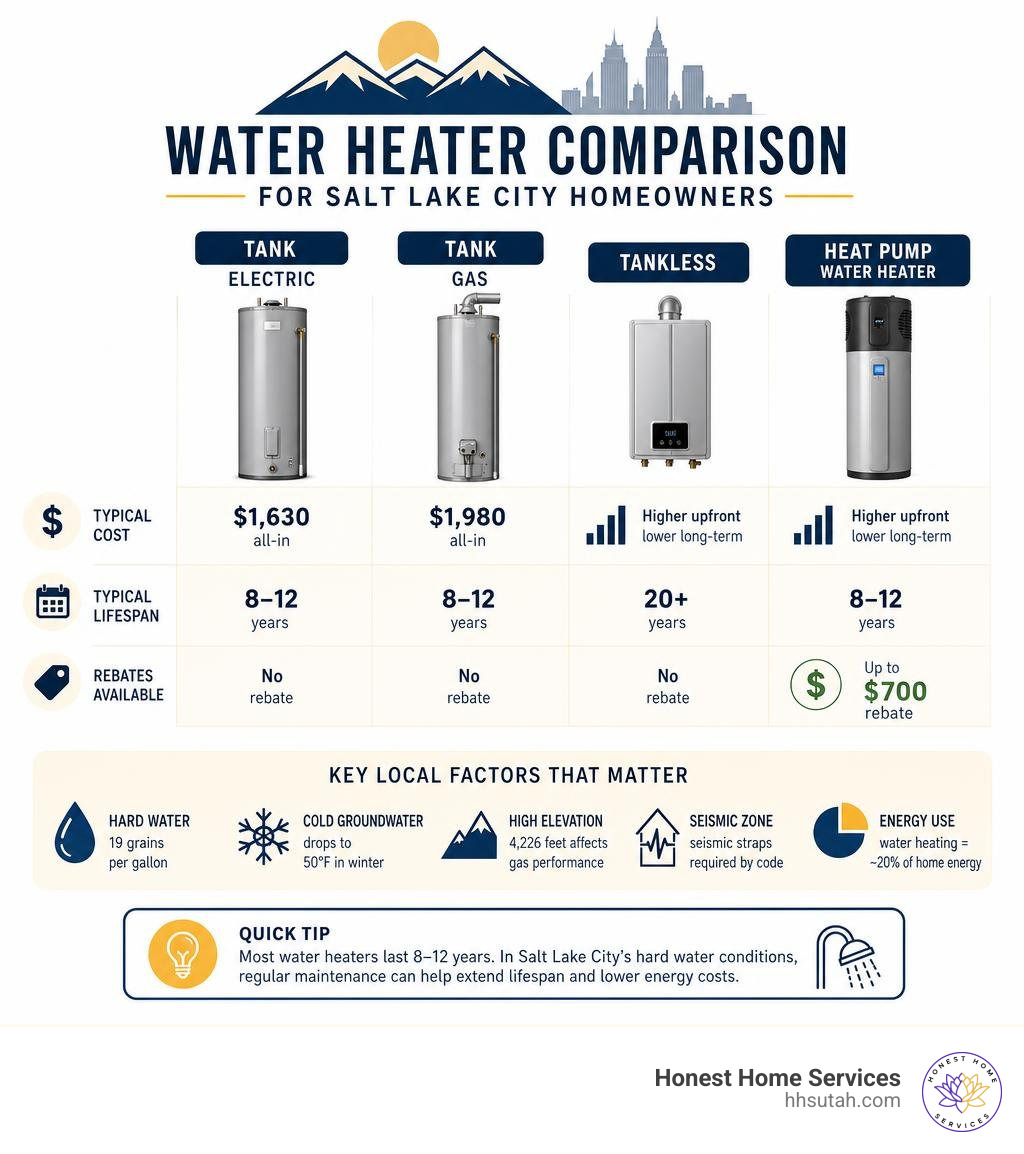 Infographic comparing water heater types, costs, lifespans, and rebates for Salt Lake City homeowners infographic Infographic comparing water heater types, costs, lifespans, and rebates for Salt Lake City homeowners infographic
