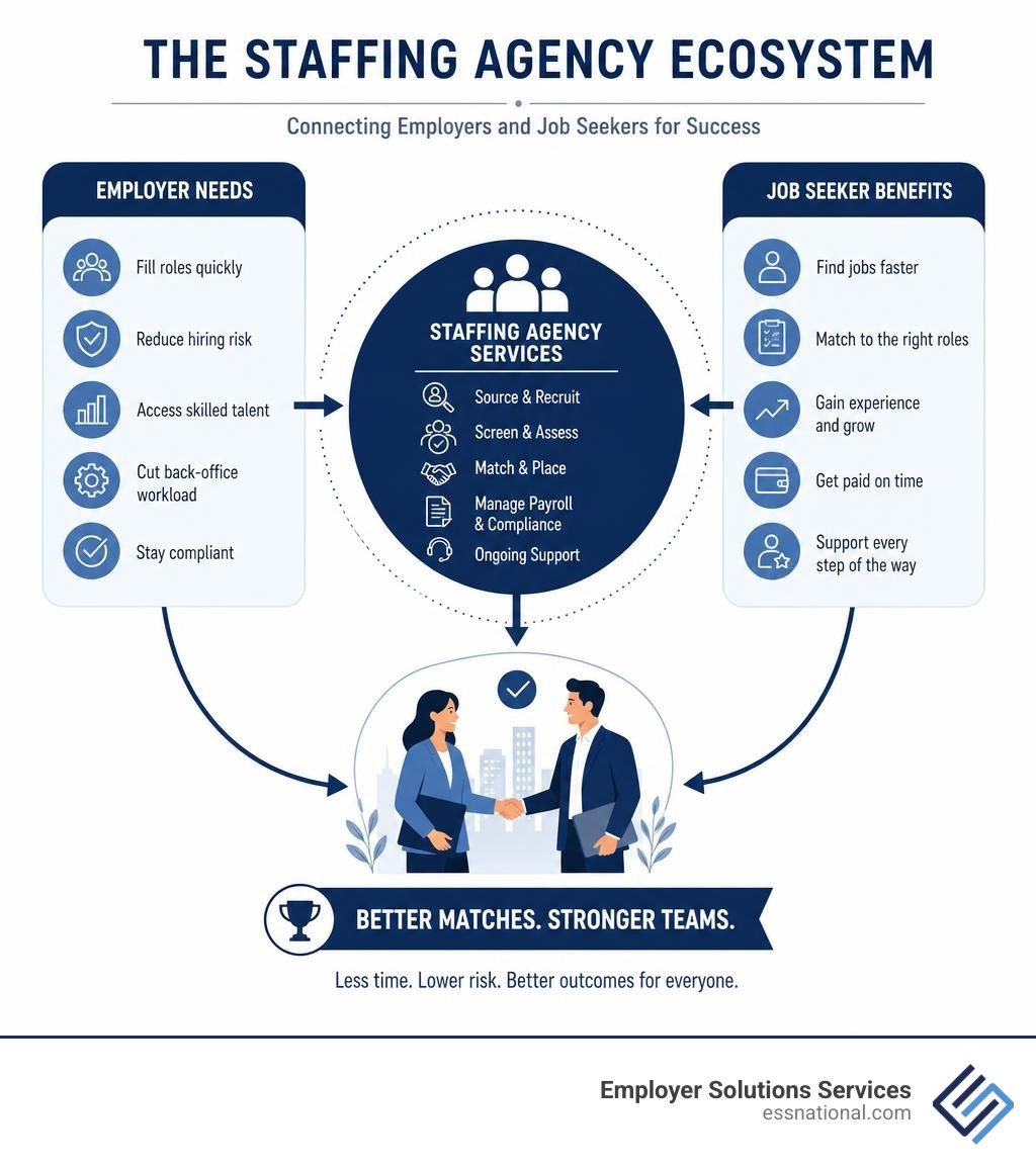 Staffing agency ecosystem infographic showing employer needs, agency services, and job seeker benefits infographic Staffing agency ecosystem infographic showing employer needs, agency services, and job seeker benefits infographic