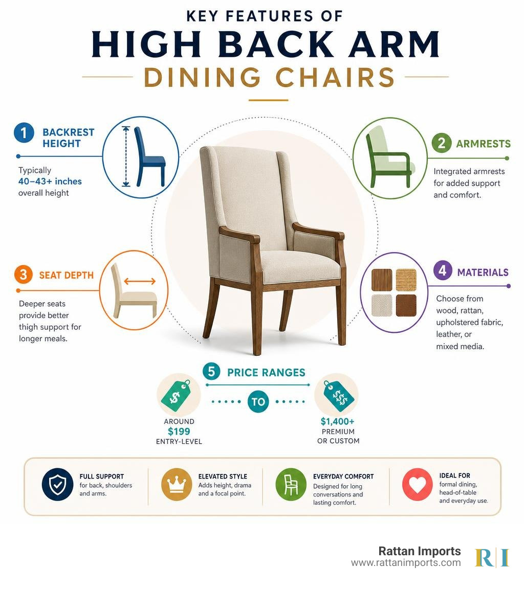 Infographic showing key features of high back arm dining chairs: backrest height, armrests, seat depth, materials, and price