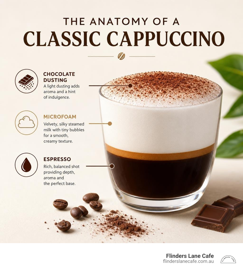Anatomy of a classic cappuccino infographic with espresso, microfoam, and chocolate dusting layers infographic