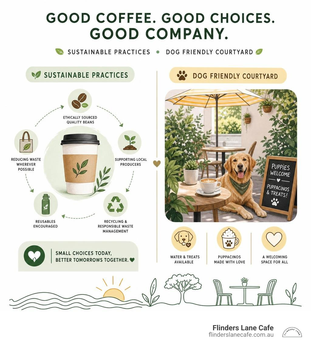 Infographic showcasing our sustainable cafe practices and dog friendly courtyard infographic