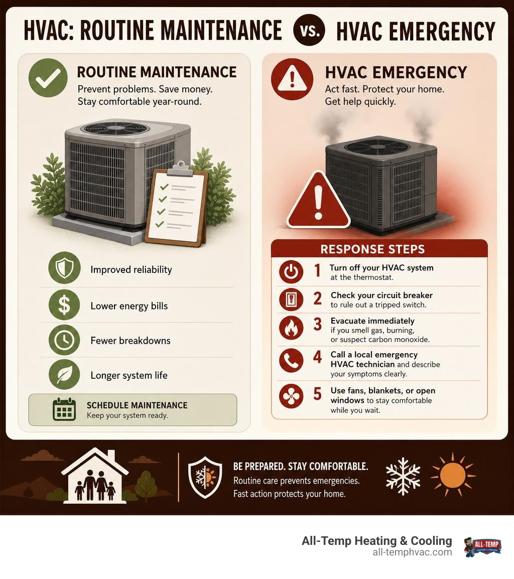 Infographic showing the difference between routine HVAC maintenance and an HVAC emergency with response steps infographic