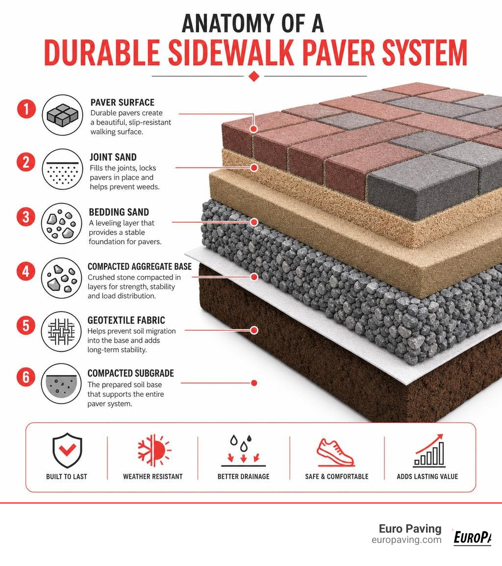 Anatomy of a durable sidewalk paver system showing layers from subgrade to surface infographic