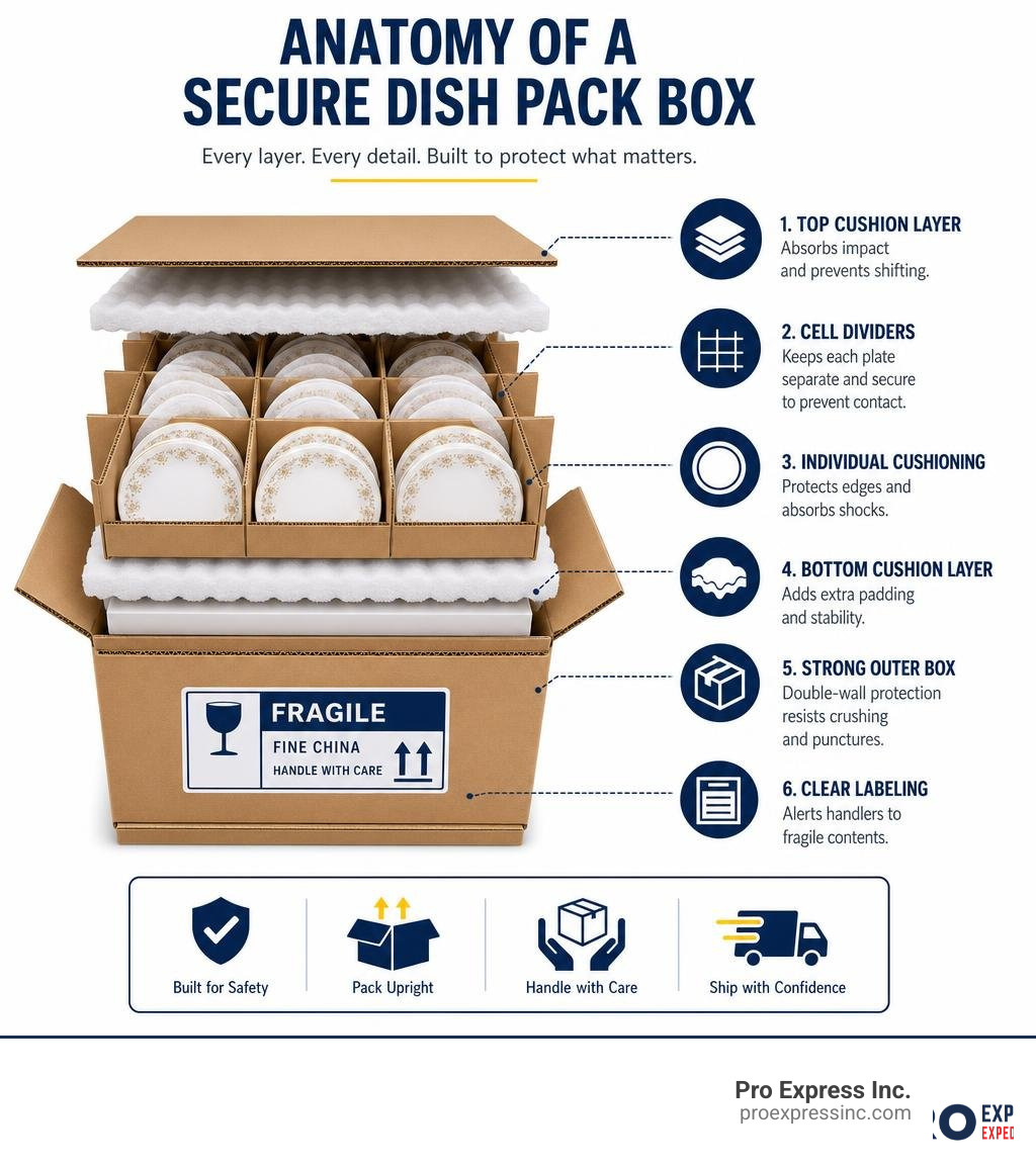 Anatomy of a secure dish pack box showing layers, dividers, cushioning, and labeling infographic Anatomy of a secure dish pack box showing layers, dividers, cushioning, and labeling infographic