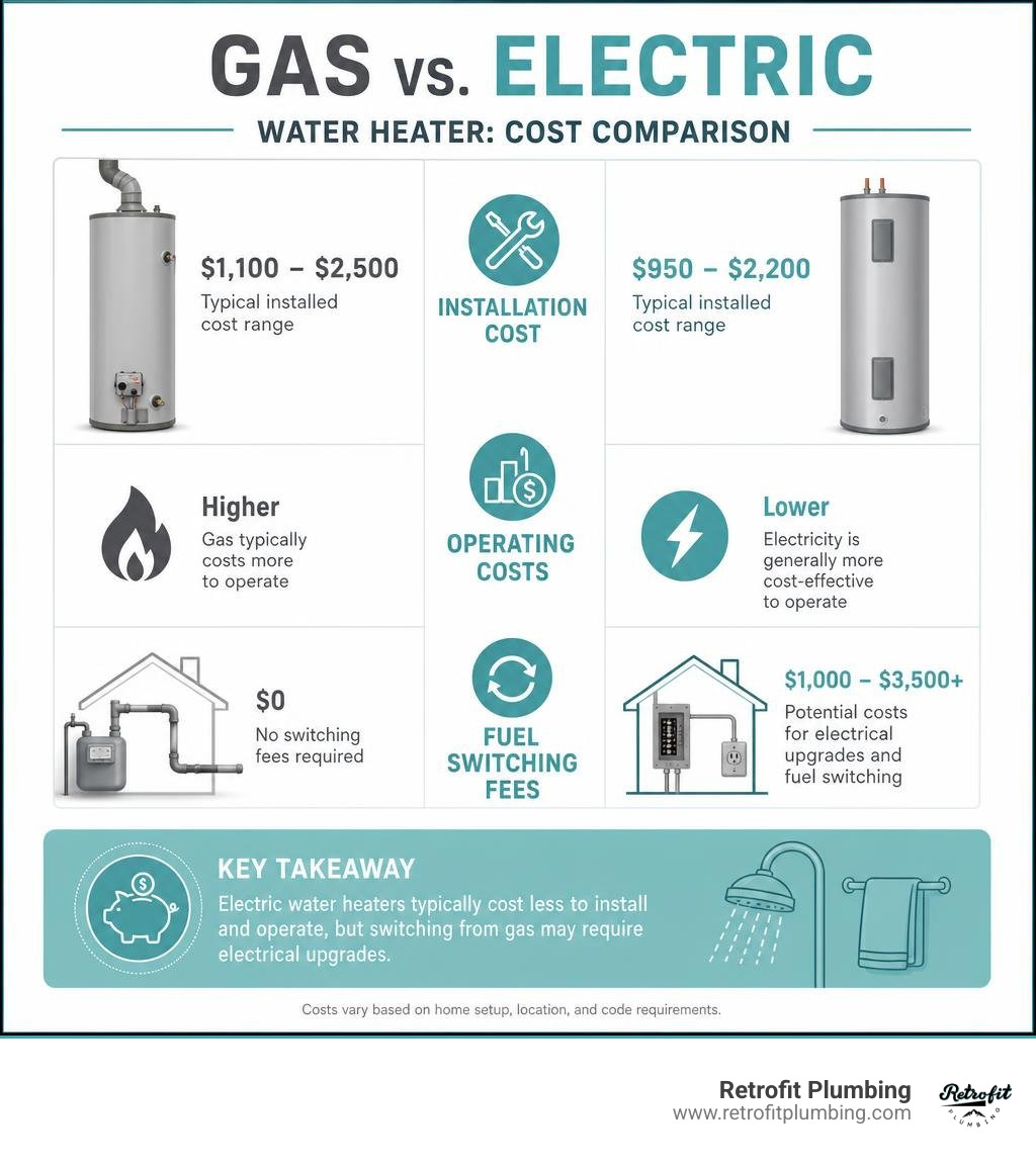 infographic comparing gas vs electric water heater installation costs, operating costs, and fuel switching fees infographic