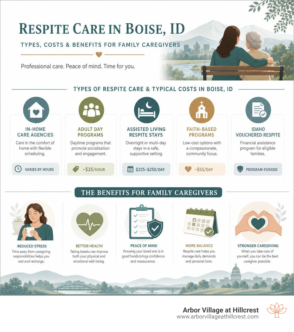 Infographic showing types of respite care in Boise ID, costs, and benefits for family caregivers infographic