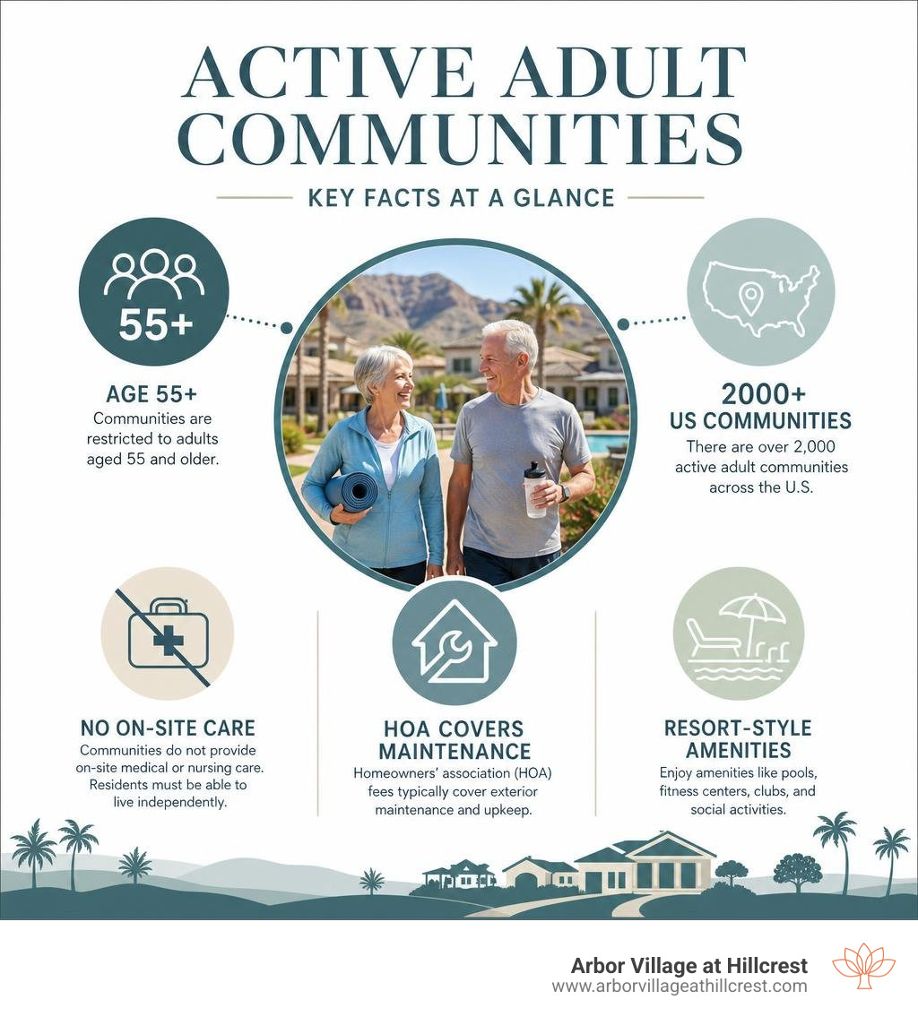 Infographic showing key facts about active adult communities: age 55+, 2000+ US communities, no on-site care, HOA covers Infographic showing key facts about active adult communities: age 55+, 2000+ US communities, no on-site care, HOA covers