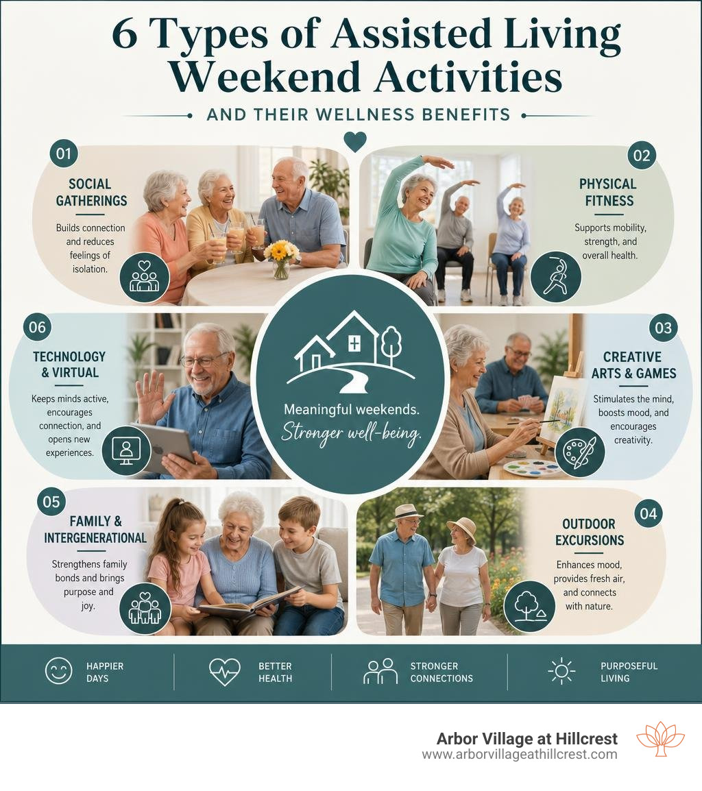Infographic showing 6 types of assisted living weekend activities and their wellness benefits infographic