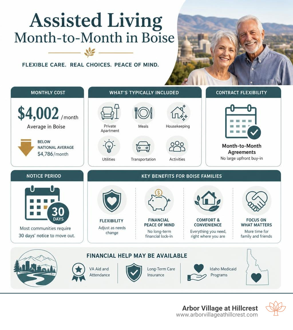 Infographic showing Boise assisted living month-to-month costs, contract flexibility, and key benefits infographic Infographic showing Boise assisted living month-to-month costs, contract flexibility, and key benefits infographic