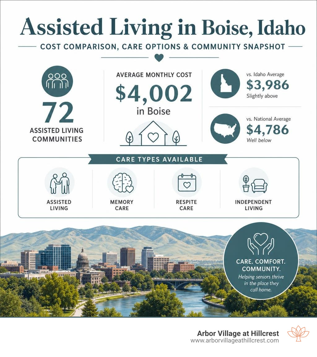 Infographic showing Boise assisted living cost comparison to Idaho and national averages, care types, and number of Infographic showing Boise assisted living cost comparison to Idaho and national averages, care types, and number of