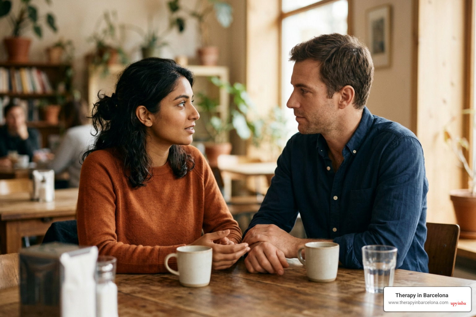 An intercultural couple sitting at a wooden table, talking openly and calmly to resolve a misunderstanding An intercultural couple sitting at a wooden table, talking openly and calmly to resolve a misunderstanding