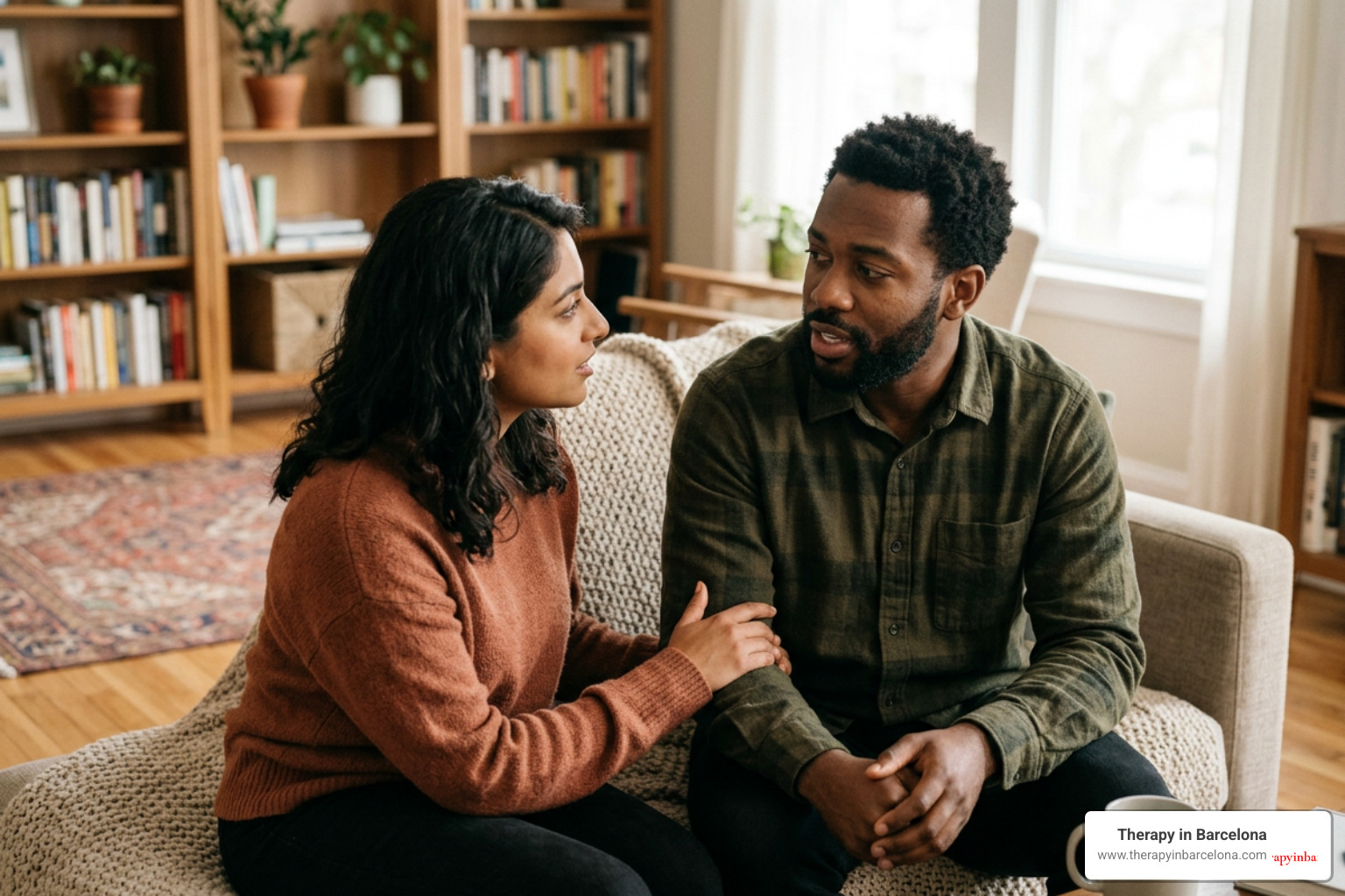 A diverse intercultural couple sitting closely on a sofa, practicing active listening during a calm conversation A diverse intercultural couple sitting closely on a sofa, practicing active listening during a calm conversation
