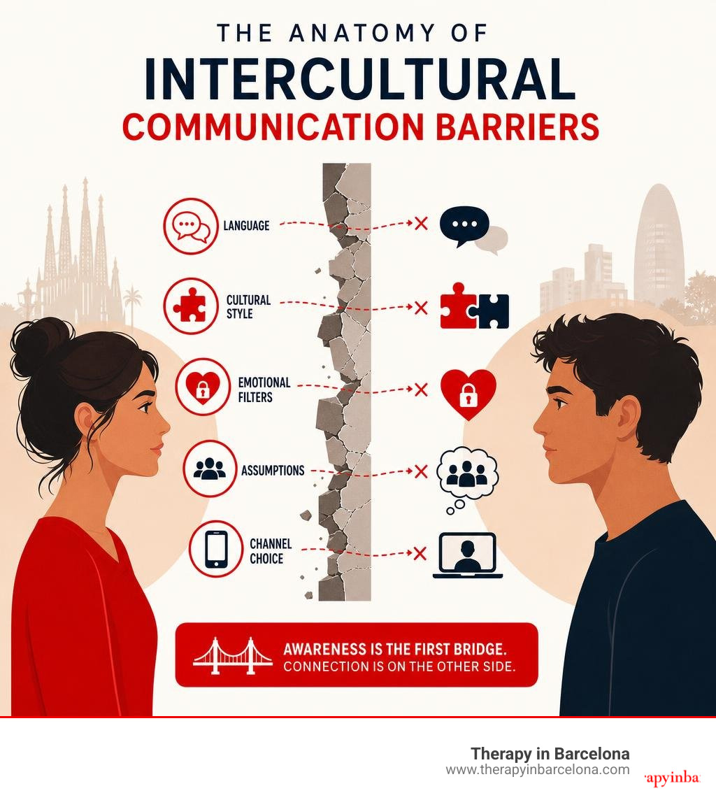 Infographic showing the anatomy of intercultural communication barriers: language, cultural style, emotional filters Infographic showing the anatomy of intercultural communication barriers: language, cultural style, emotional filters