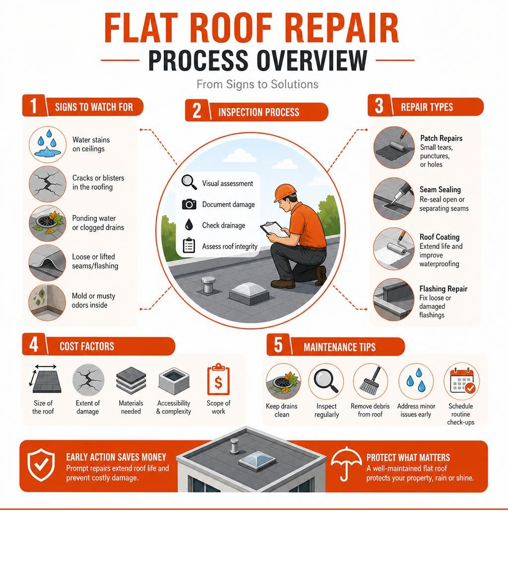 Flat roof repair process overview: signs, inspection, repair types, cost factors, maintenance tips infographic infographic
