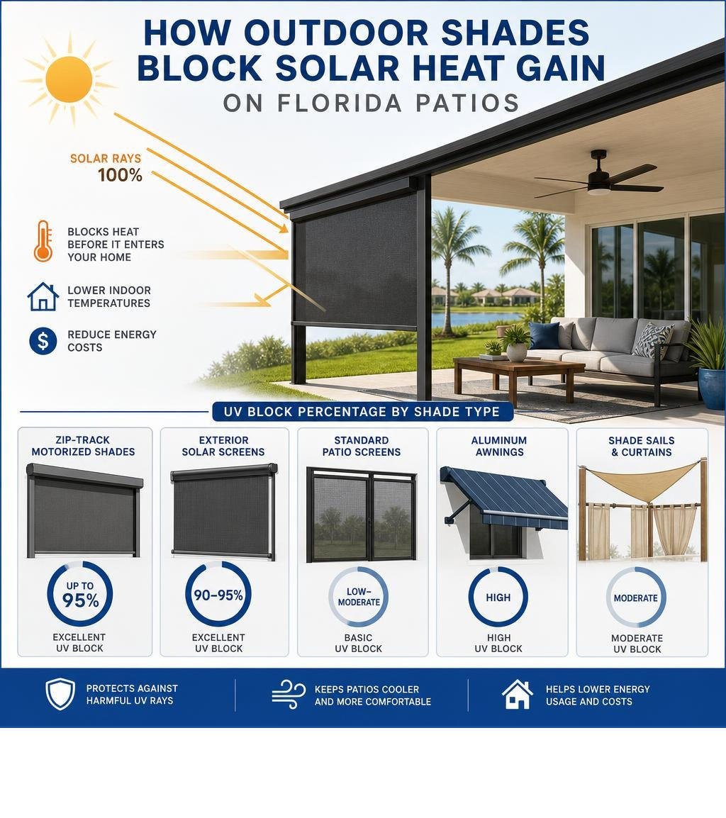 Infographic: how outdoor shades block solar heat gain on Florida patios, showing UV block percentages by shade type