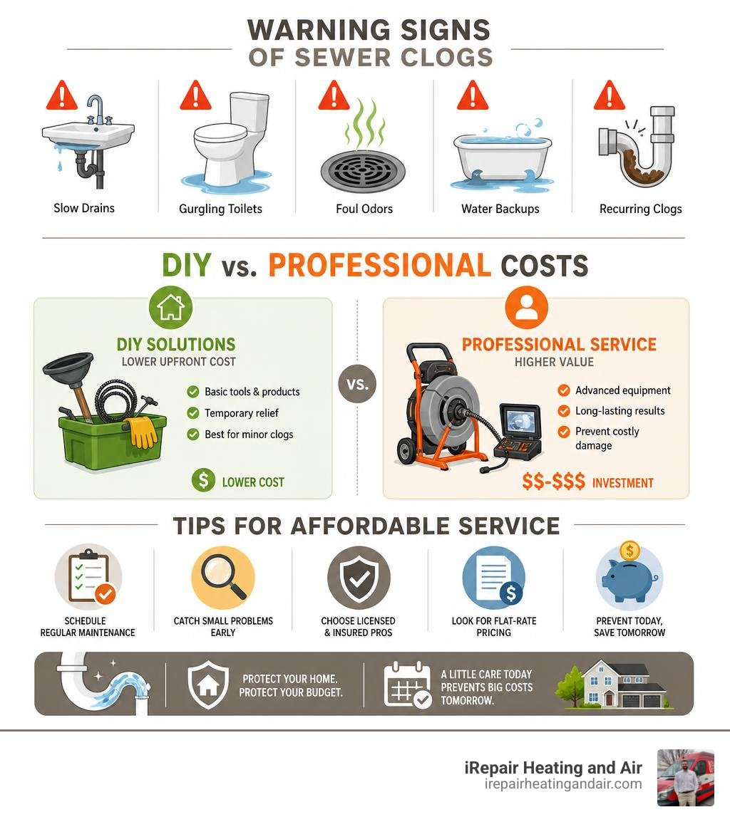 Infographic showing warning signs of sewer clogs, DIY vs professional costs, and tips for affordable service infographic Infographic showing warning signs of sewer clogs, DIY vs professional costs, and tips for affordable service infographic