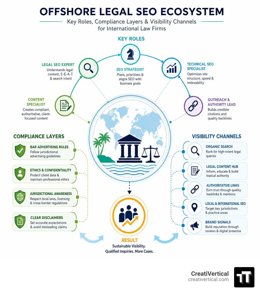 Offshore legal SEO ecosystem infographic: key roles, compliance layers, and visibility channels for international law firms
