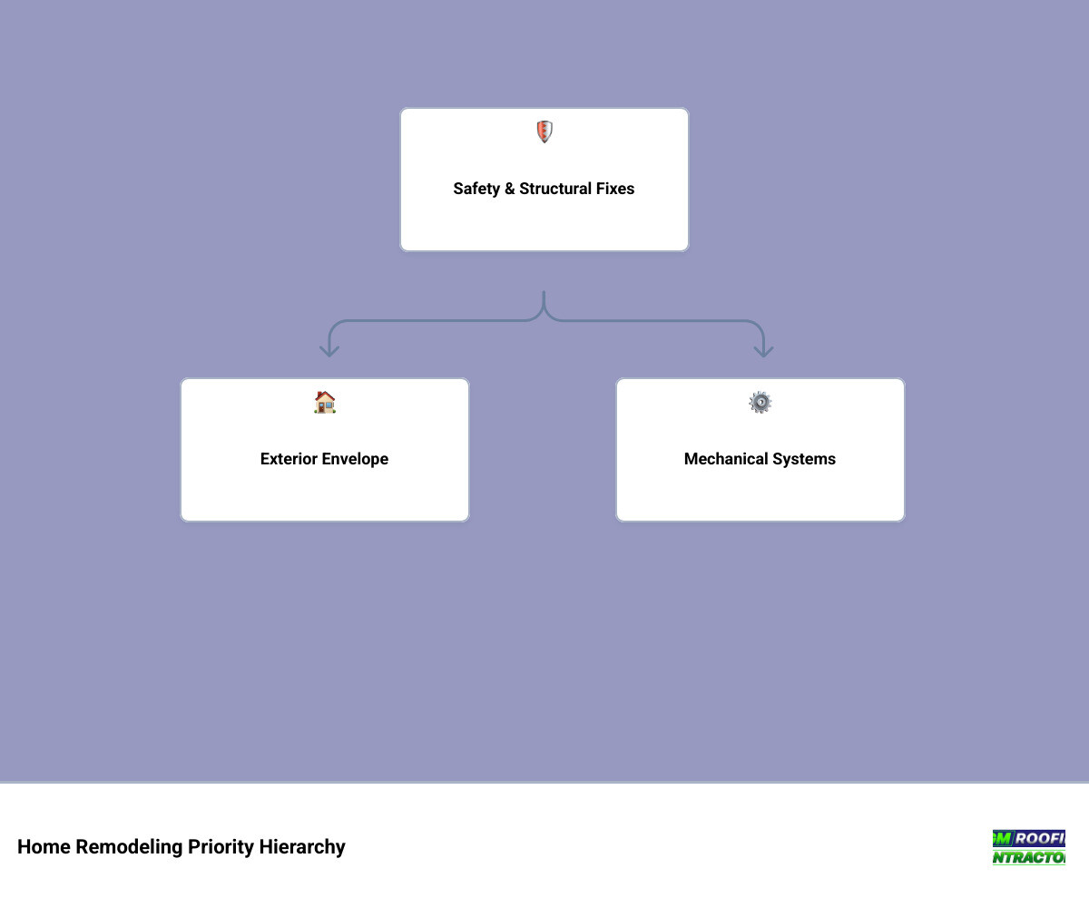 Infographic showing home remodeling priority hierarchy from safety to cosmetic upgrades infographic